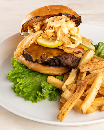 Burger and Fries on a plate